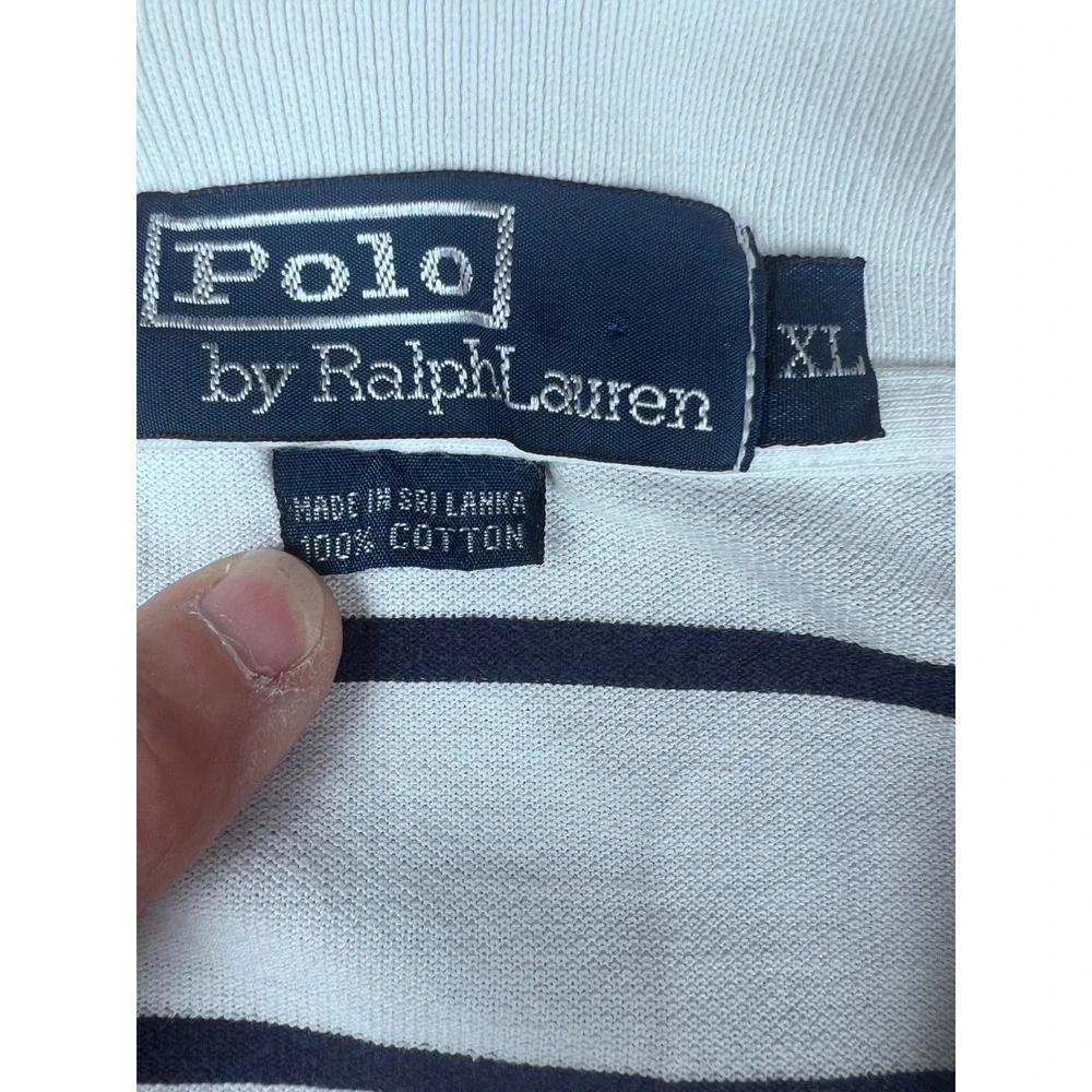 Polo‎ Ralph Lauren Mens XL White Navy Blue Striped Cotton Pique Polo Shirt